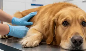 Ein Golden Retriever liegt auf einem Untersuchungstisch, während ein Tierarzt mit blauen Handschuhen ihn streichelt. Der Hund wirkt müde, vielleicht wegen IBD.